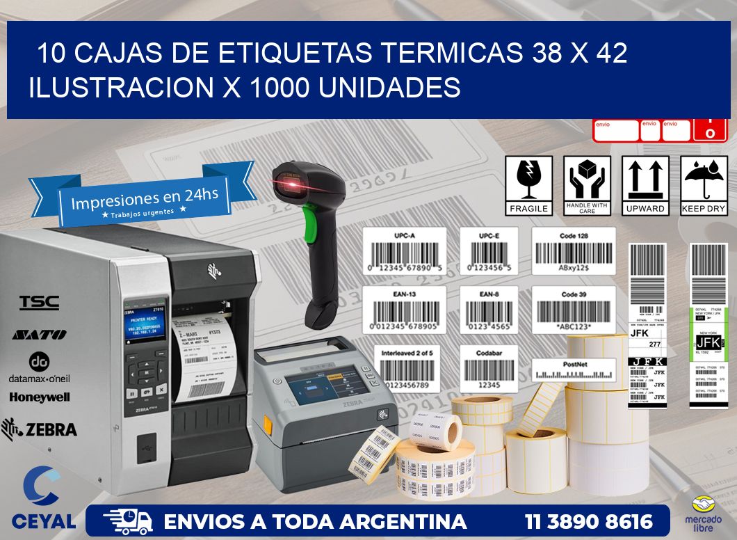 10 CAJAS DE ETIQUETAS TERMICAS 38 x 42 ILUSTRACION X 1000 UNIDADES