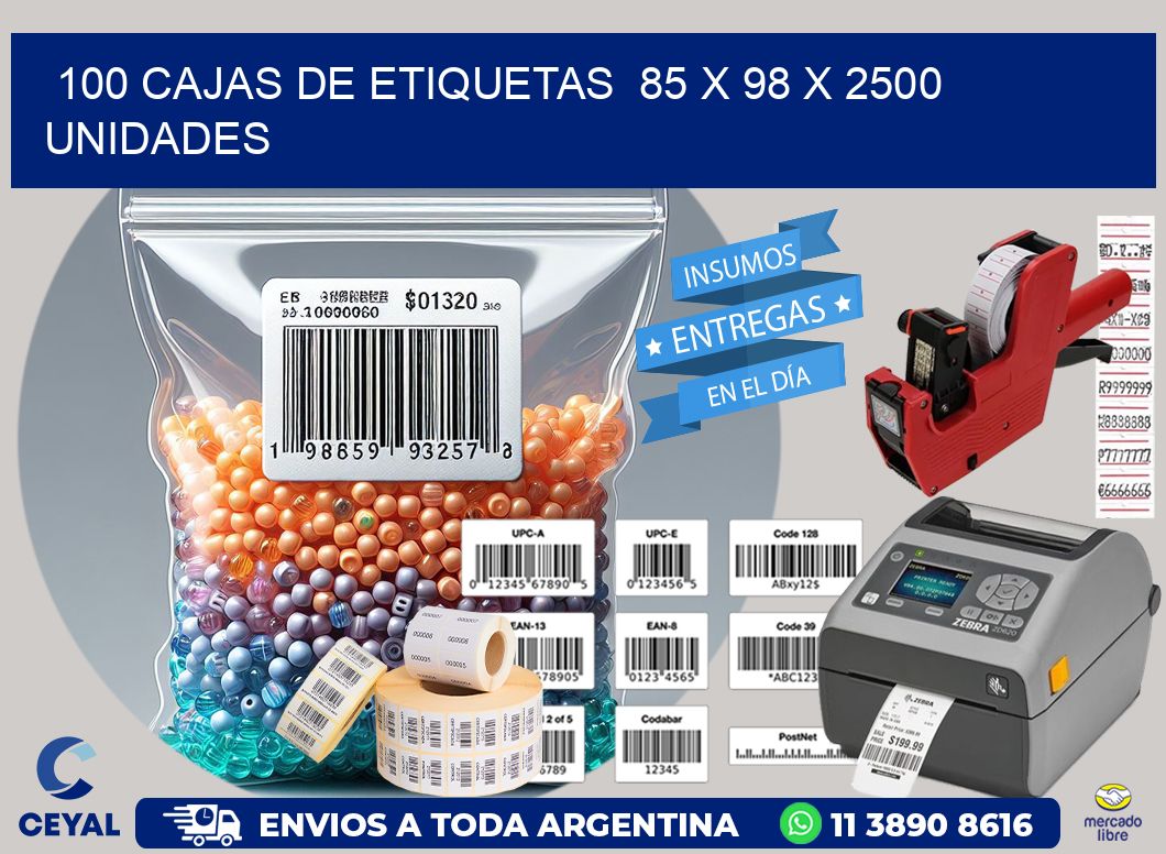 100 CAJAS DE ETIQUETAS  85 x 98 X 2500 UNIDADES