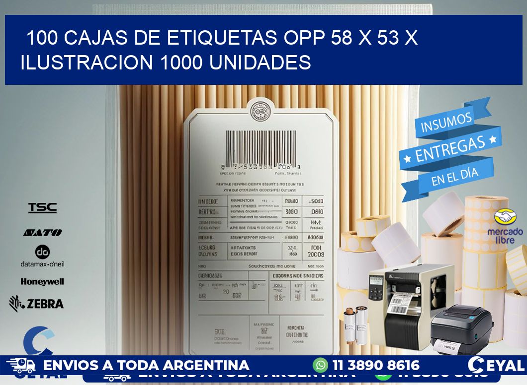 100 CAJAS DE ETIQUETAS OPP 58 x 53 X ILUSTRACION 1000 UNIDADES