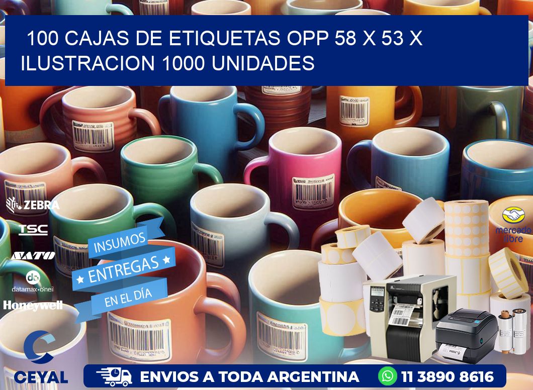 100 CAJAS DE ETIQUETAS OPP 58 x 53 X ILUSTRACION 1000 UNIDADES