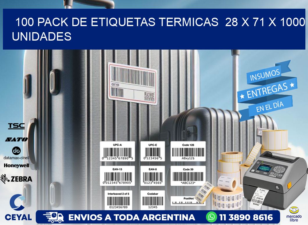 100 PACK DE ETIQUETAS TERMICAS  28 x 71 X 1000 UNIDADES