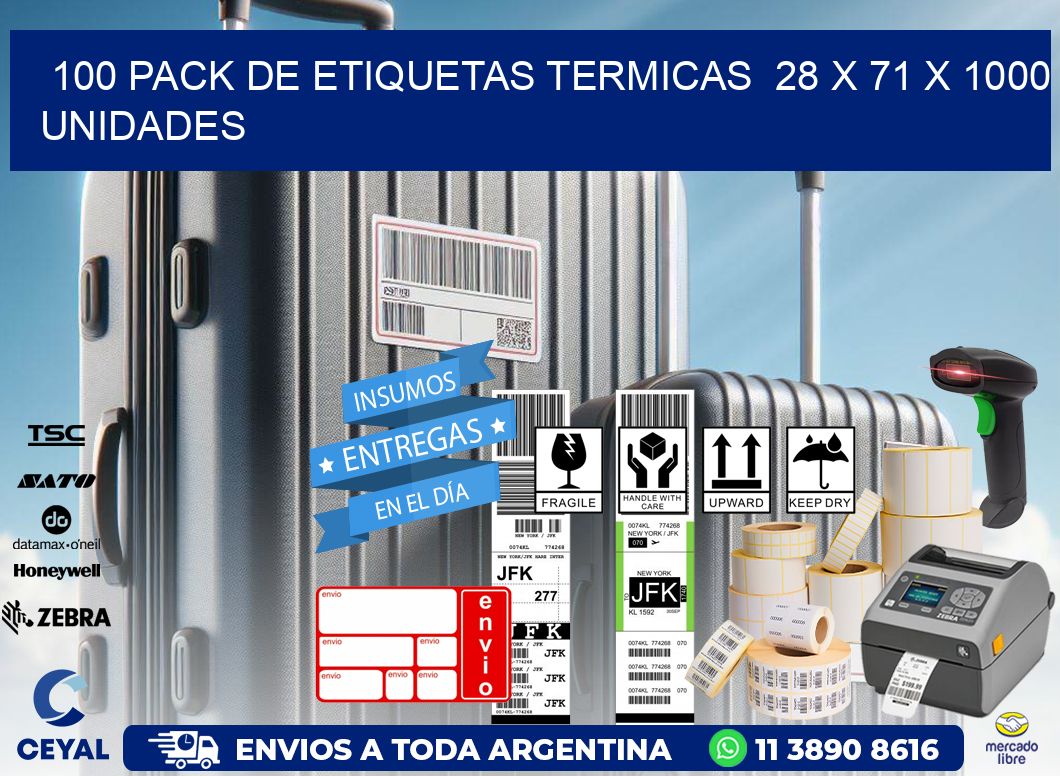 100 PACK DE ETIQUETAS TERMICAS  28 x 71 X 1000 UNIDADES