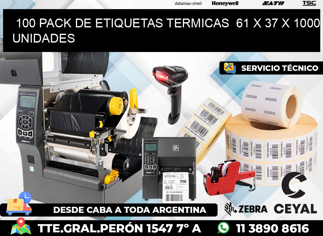 100 PACK DE ETIQUETAS TERMICAS  61 x 37 X 1000 UNIDADES