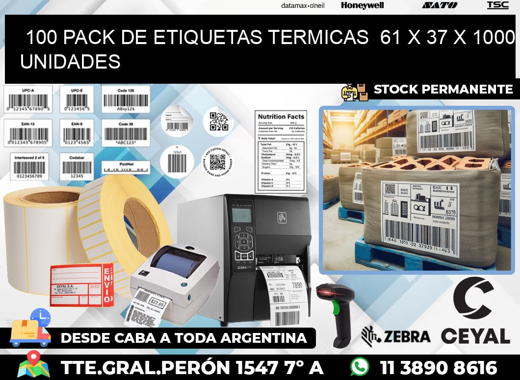 100 PACK DE ETIQUETAS TERMICAS  61 x 37 X 1000 UNIDADES