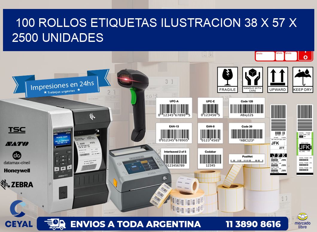 100 ROLLOS ETIQUETAS ILUSTRACION 38 x 57 X 2500 UNIDADES