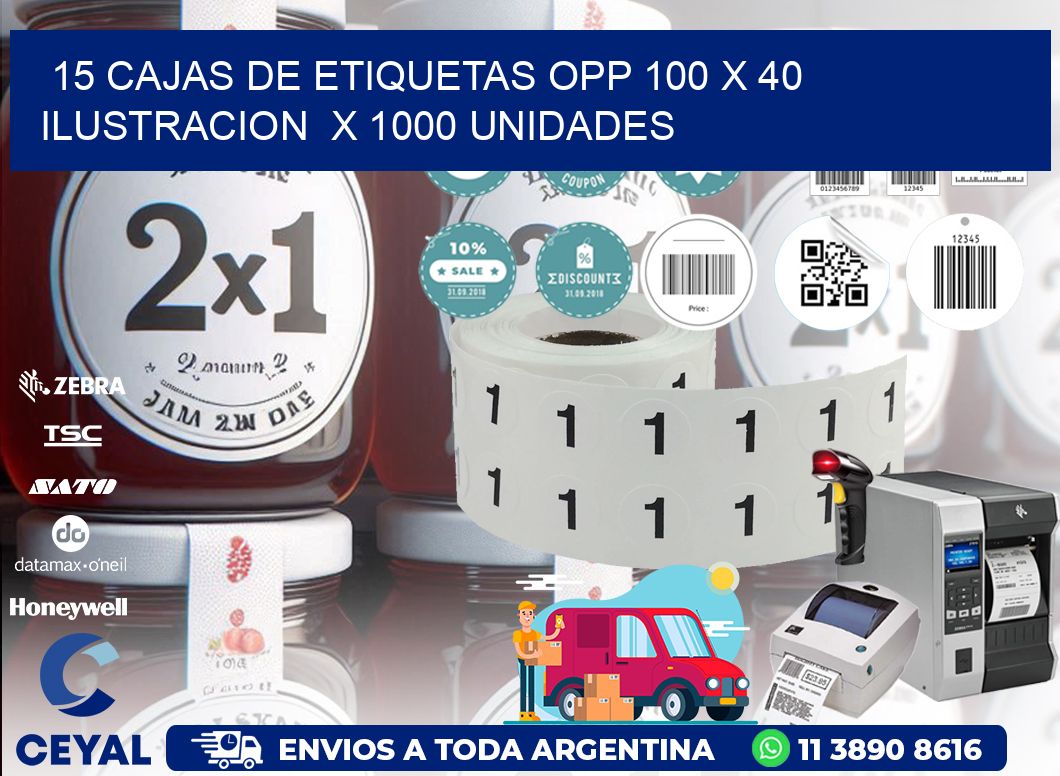 15 CAJAS DE ETIQUETAS OPP 100 x 40 ILUSTRACION  X 1000 UNIDADES