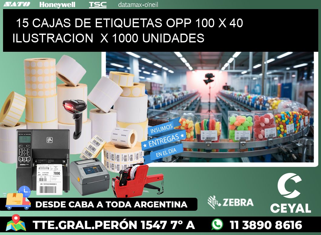 15 CAJAS DE ETIQUETAS OPP 100 x 40 ILUSTRACION  X 1000 UNIDADES