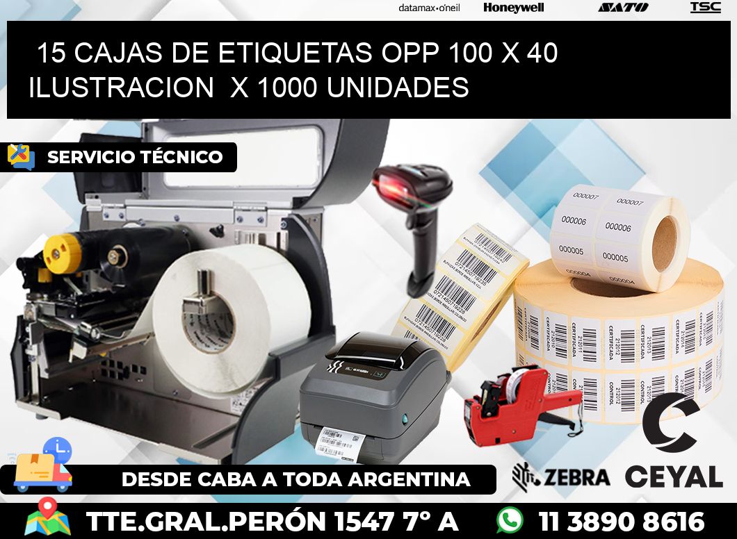 15 CAJAS DE ETIQUETAS OPP 100 x 40 ILUSTRACION  X 1000 UNIDADES