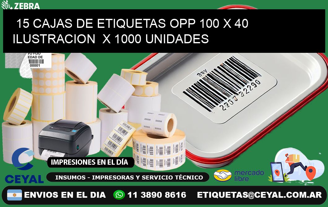 15 CAJAS DE ETIQUETAS OPP 100 x 40 ILUSTRACION  X 1000 UNIDADES