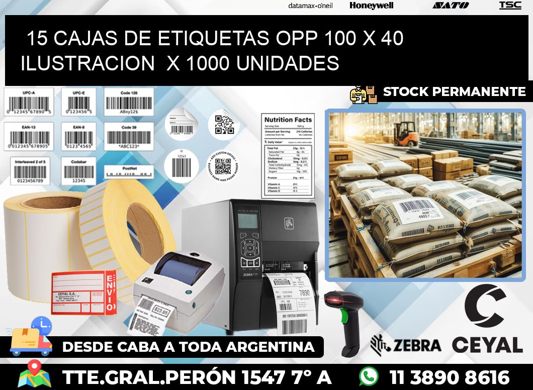 15 CAJAS DE ETIQUETAS OPP 100 x 40 ILUSTRACION  X 1000 UNIDADES