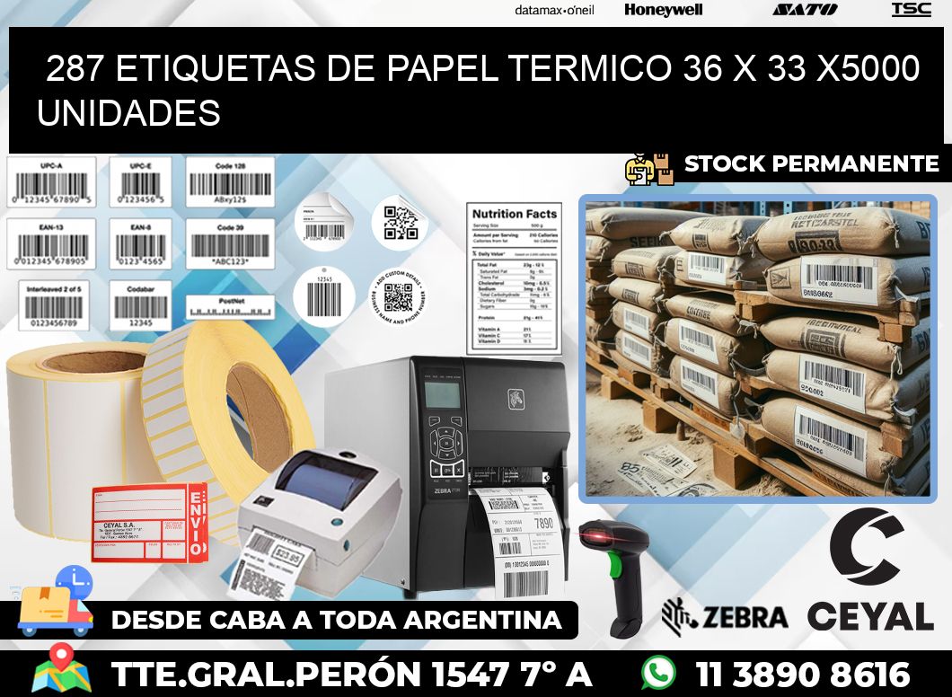 287 ETIQUETAS DE PAPEL TERMICO 36 x 33 X5000 UNIDADES