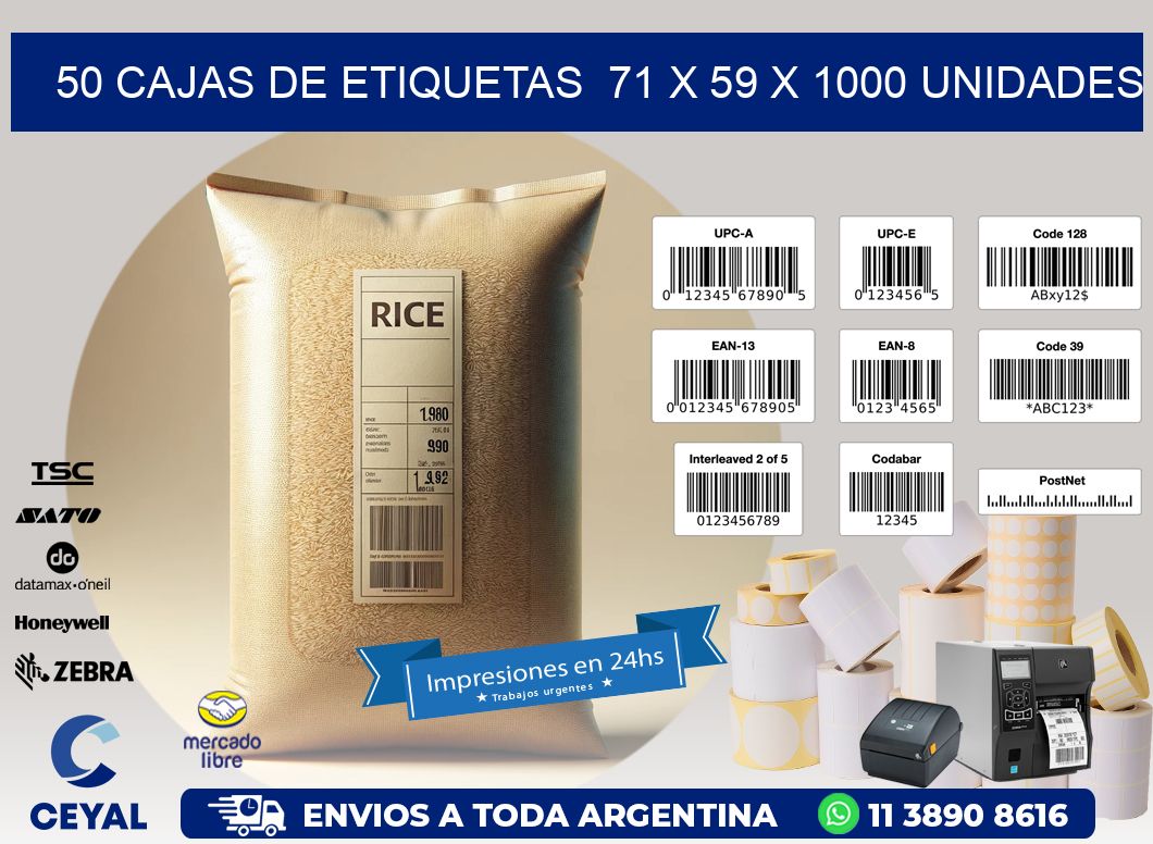 50 CAJAS DE ETIQUETAS  71 x 59 X 1000 UNIDADES