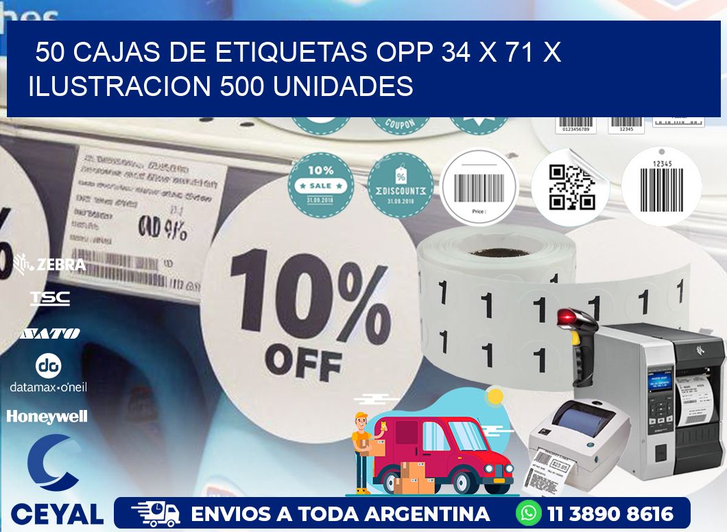 50 CAJAS DE ETIQUETAS OPP 34 x 71 X ILUSTRACION 500 UNIDADES