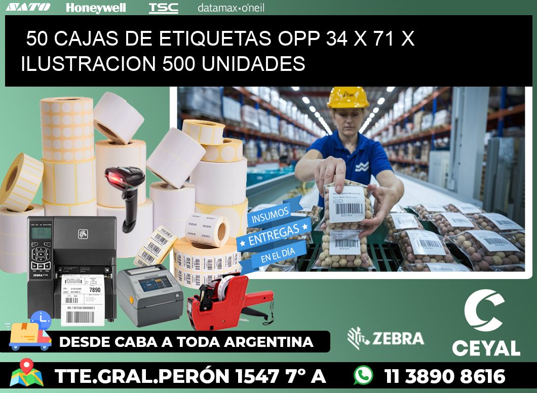 50 CAJAS DE ETIQUETAS OPP 34 x 71 X ILUSTRACION 500 UNIDADES