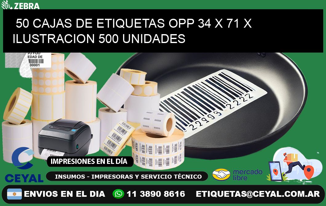 50 CAJAS DE ETIQUETAS OPP 34 x 71 X ILUSTRACION 500 UNIDADES