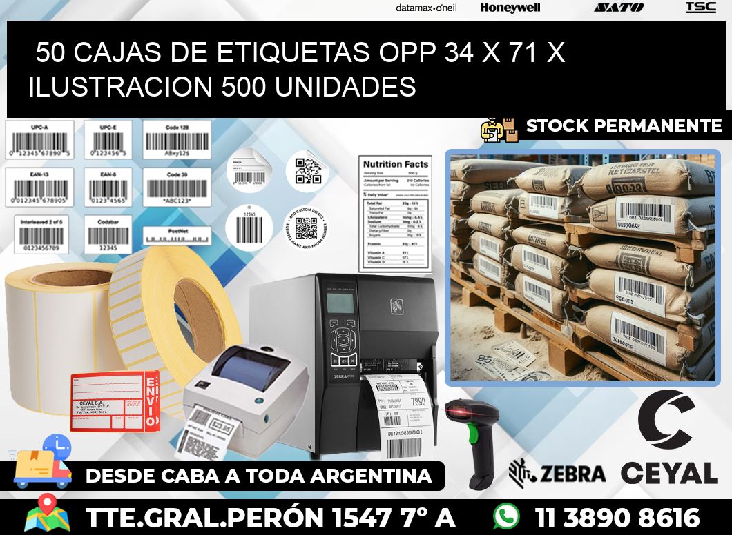 50 CAJAS DE ETIQUETAS OPP 34 x 71 X ILUSTRACION 500 UNIDADES