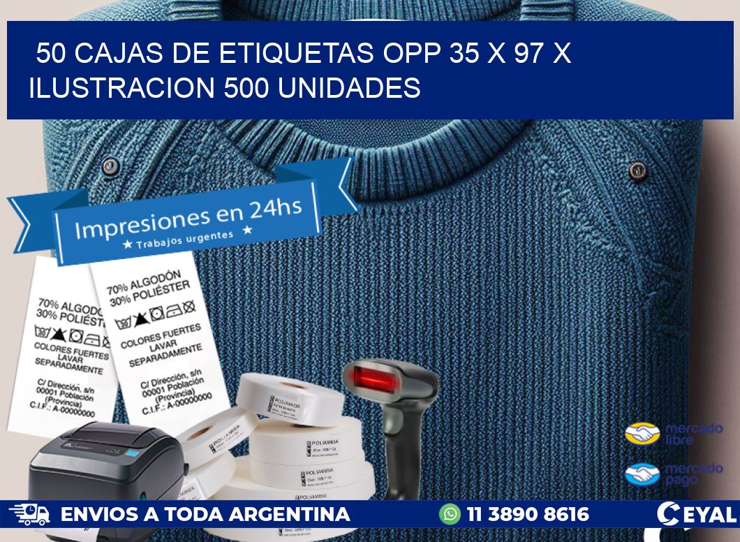 50 CAJAS DE ETIQUETAS OPP 35 x 97 X ILUSTRACION 500 UNIDADES