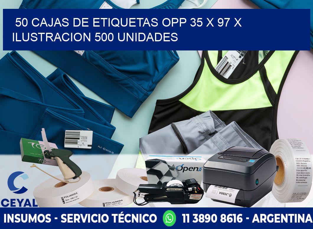 50 CAJAS DE ETIQUETAS OPP 35 x 97 X ILUSTRACION 500 UNIDADES