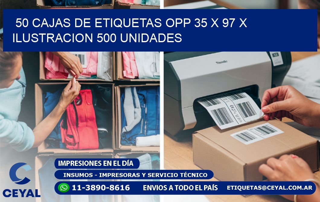 50 CAJAS DE ETIQUETAS OPP 35 x 97 X ILUSTRACION 500 UNIDADES