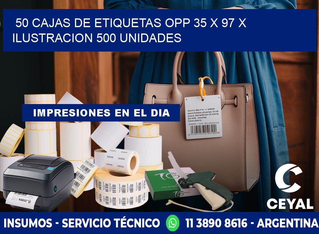 50 CAJAS DE ETIQUETAS OPP 35 x 97 X ILUSTRACION 500 UNIDADES