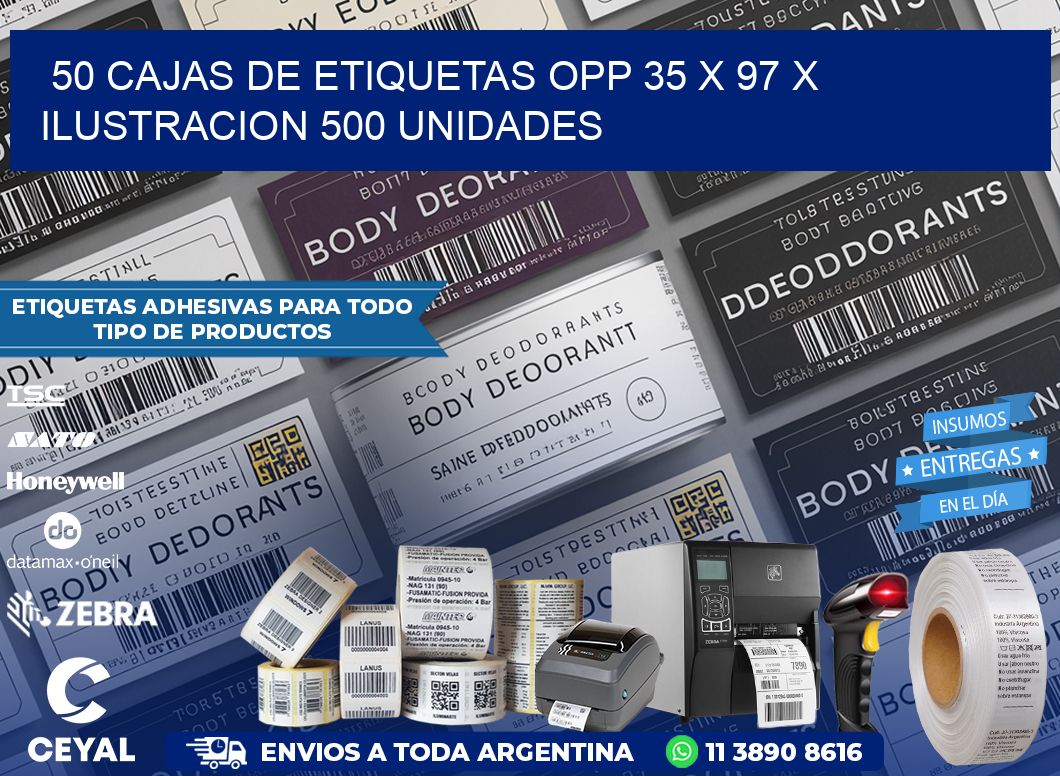 50 CAJAS DE ETIQUETAS OPP 35 x 97 X ILUSTRACION 500 UNIDADES