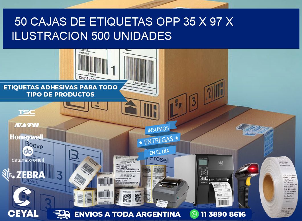 50 CAJAS DE ETIQUETAS OPP 35 x 97 X ILUSTRACION 500 UNIDADES