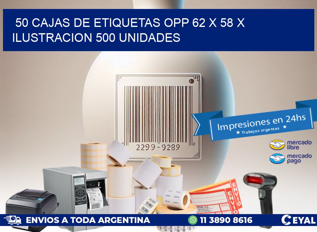 50 CAJAS DE ETIQUETAS OPP 62 x 58 X ILUSTRACION 500 UNIDADES