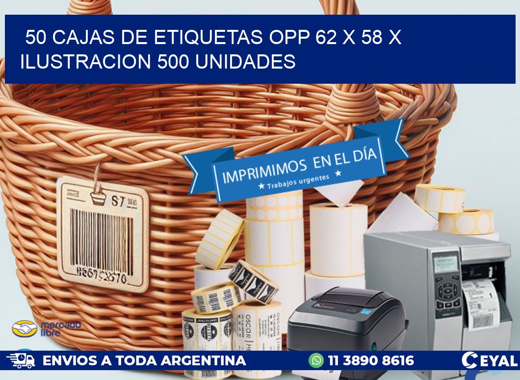 50 CAJAS DE ETIQUETAS OPP 62 x 58 X ILUSTRACION 500 UNIDADES