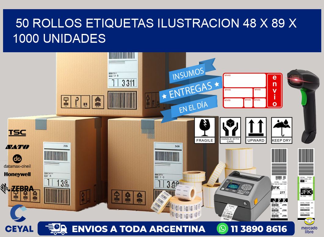 50 ROLLOS ETIQUETAS ILUSTRACION 48 x 89 X 1000 UNIDADES